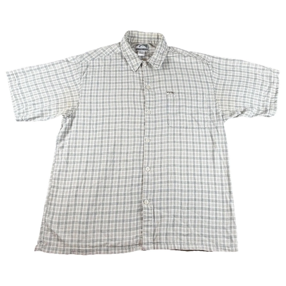Quiksilver Shirt Mens XL Gray Plaid Short Sleeve Button Up Cotton Casual